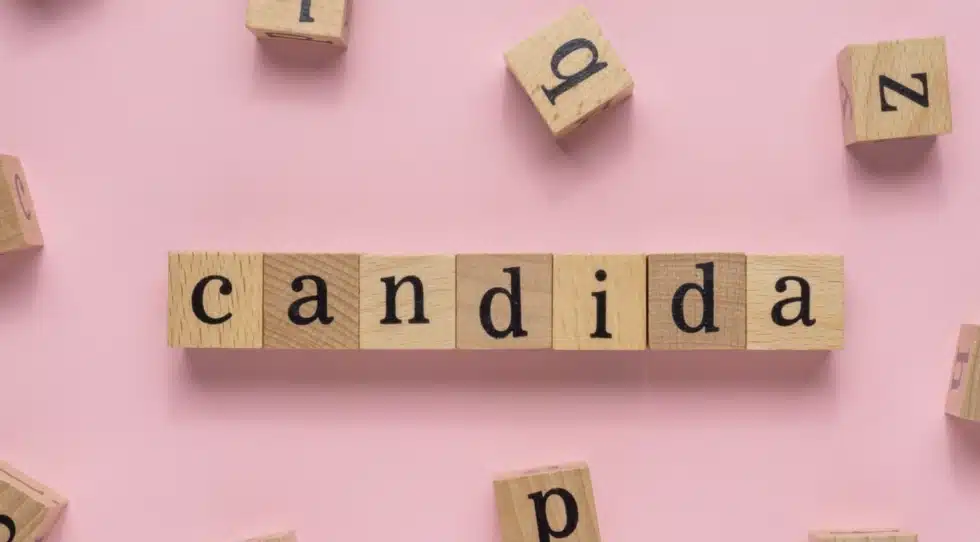 wooden blocks on a pink background spelling the word "candida"